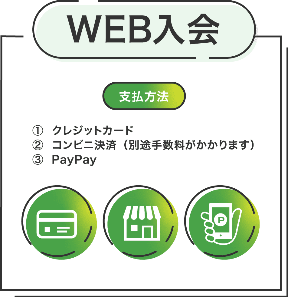 WEB入会 支払い方法 1.クレジットカード 2.コンビニ決済（別途手数料がかかります） 3.PayPay